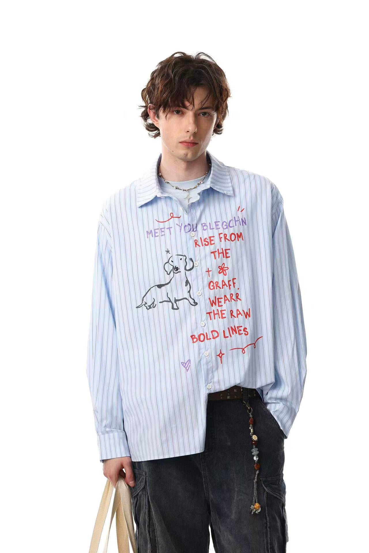 Cartoon Dog Print Striped Long Sleeve Shirt
