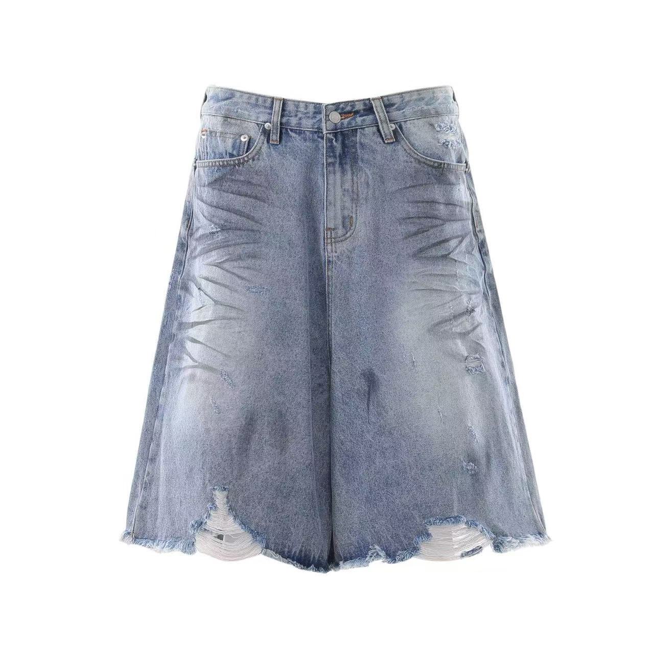 Distressed Washed Wide-Leg Denim Jorts