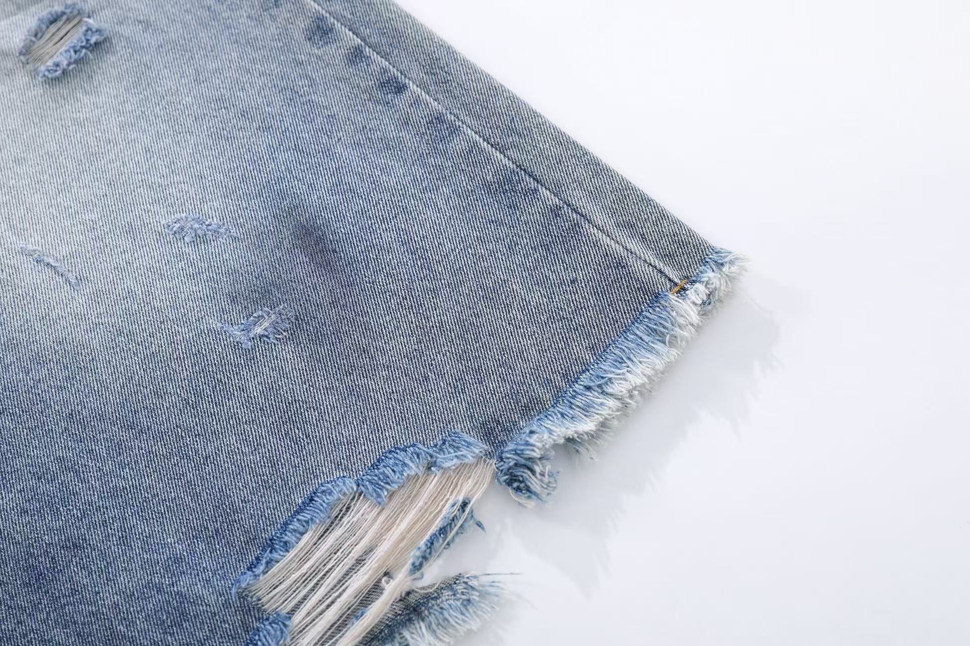 Distressed Washed Wide-Leg Denim Jorts