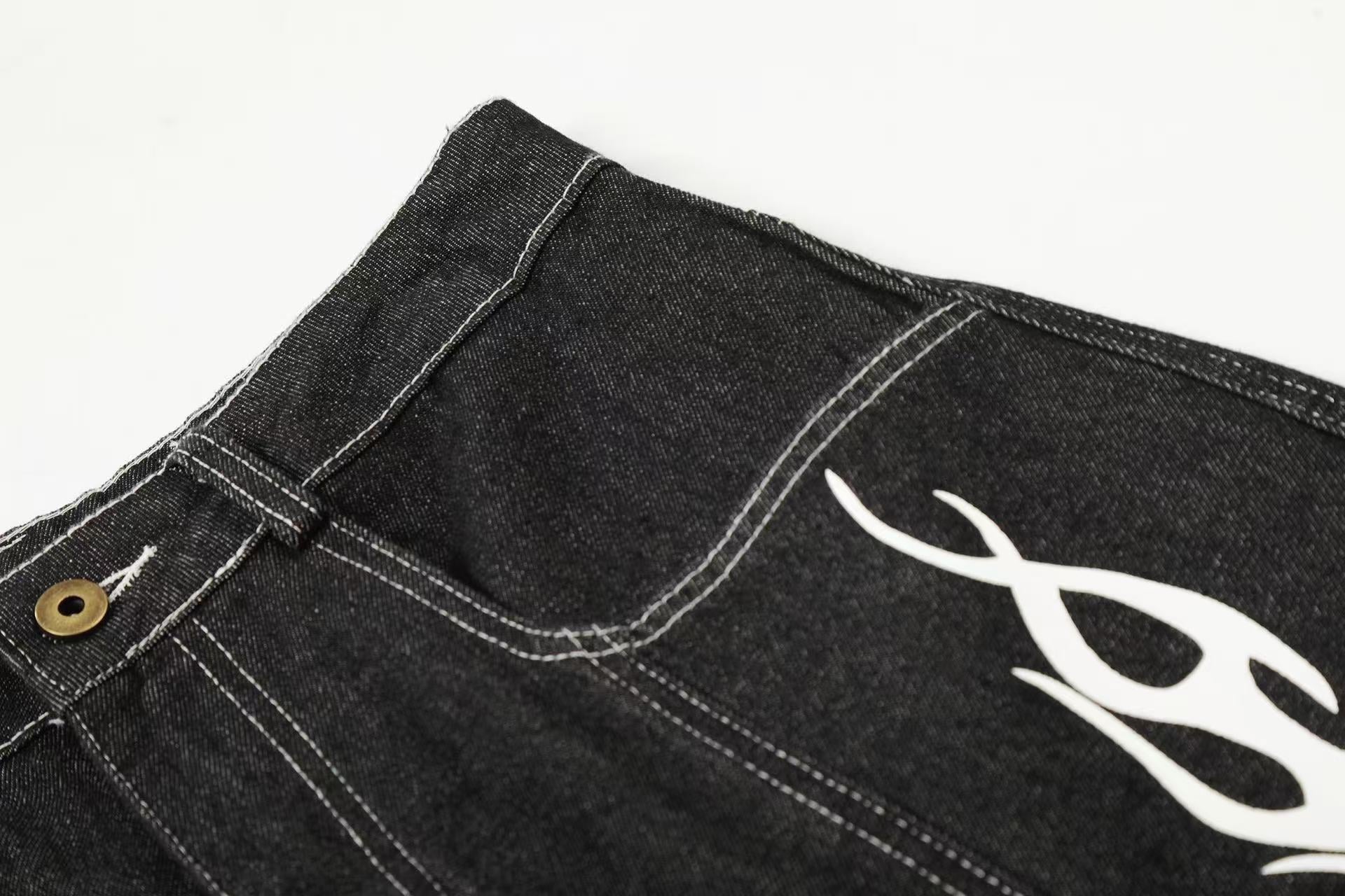 Vintage Washed Flame Print Wide-Leg Jorts