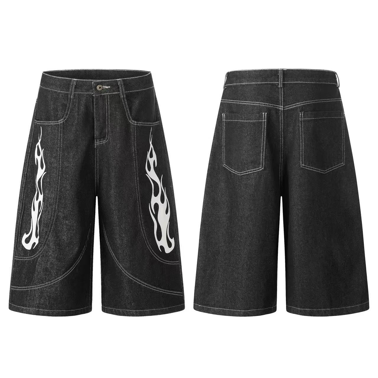 Vintage Washed Flame Print Wide-Leg Jorts