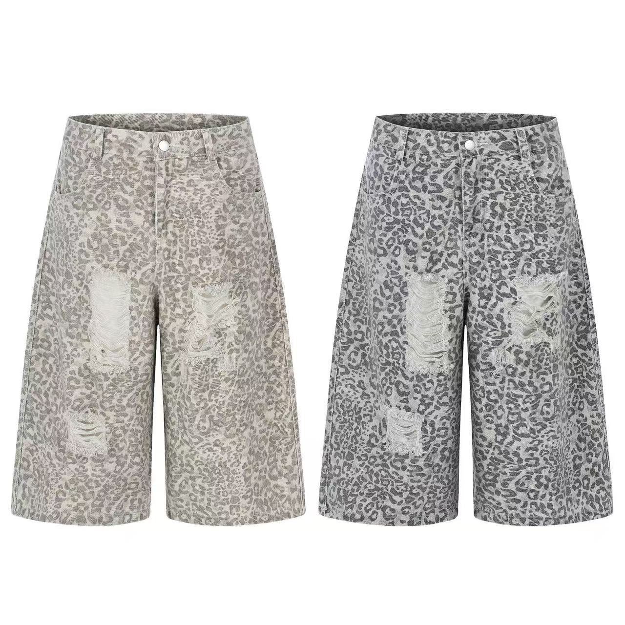 Distressed Leopard Print Baggy Wide-Leg Jorts