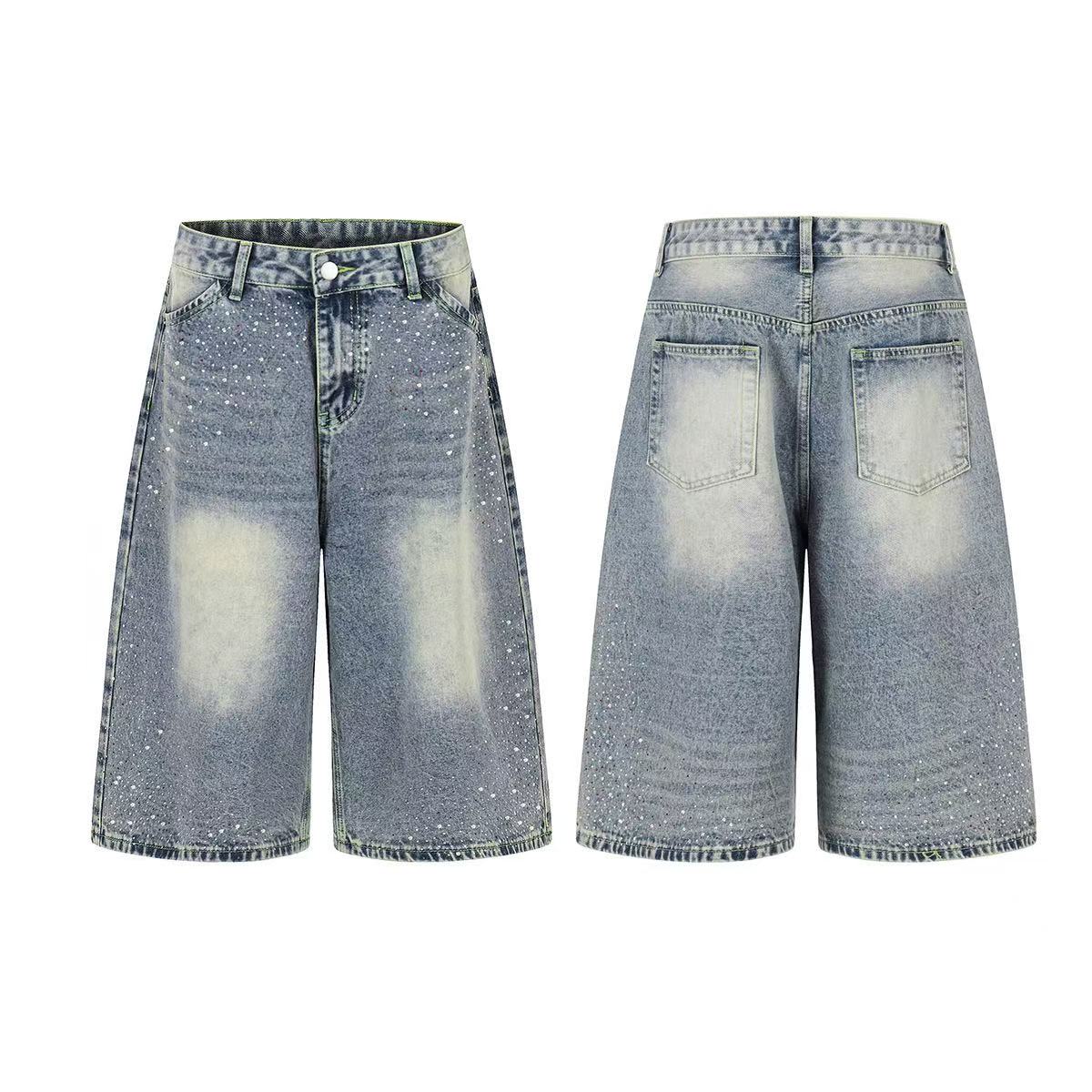 Rhinestone Splatter Washed Baggy Wide-Leg Jorts