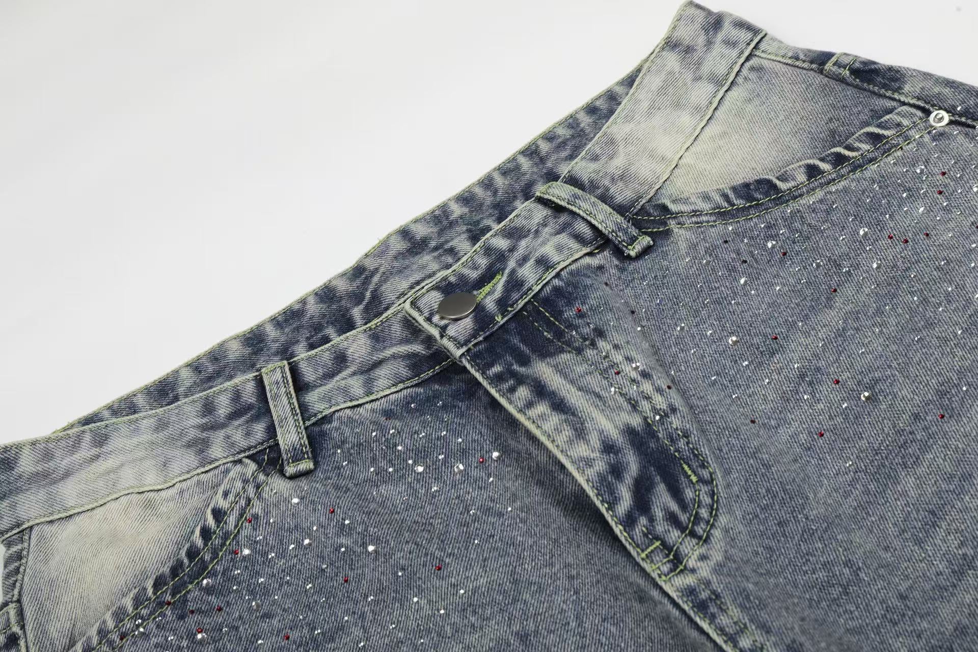 Rhinestone Splatter Washed Baggy Wide-Leg Jorts