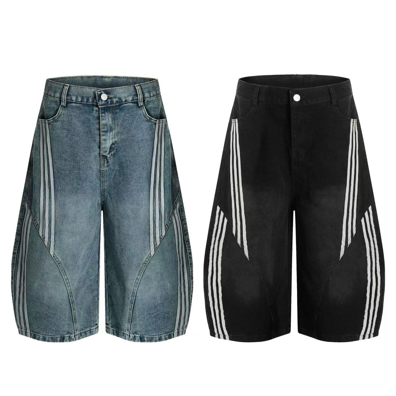 Contrast Striped Stitching Baggy Wide-Leg Jorts