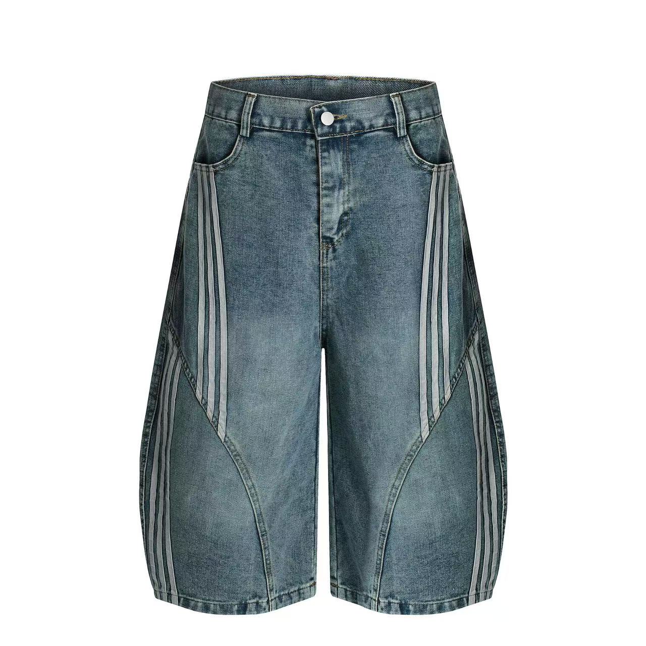 Contrast Striped Stitching Baggy Wide-Leg Jorts