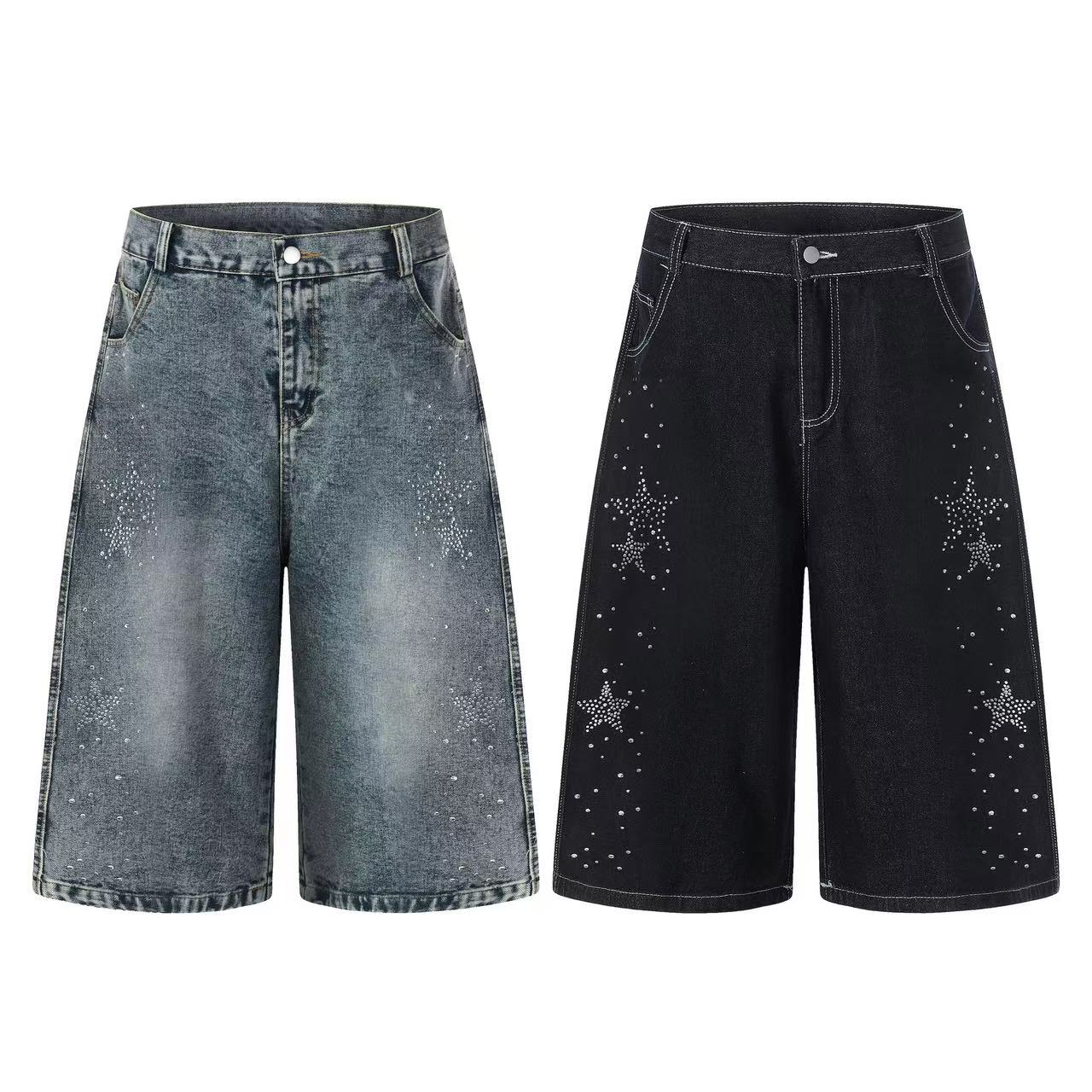 Streetwear Rhinestone Splatter Wide-Leg Jorts