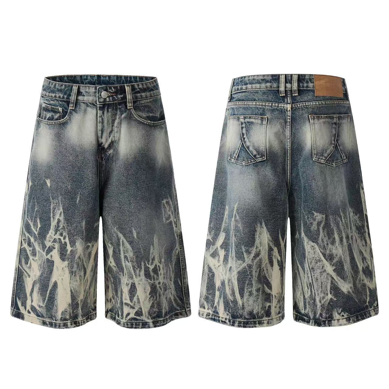 Abstract Bleach Washed Wide-Leg Jorts