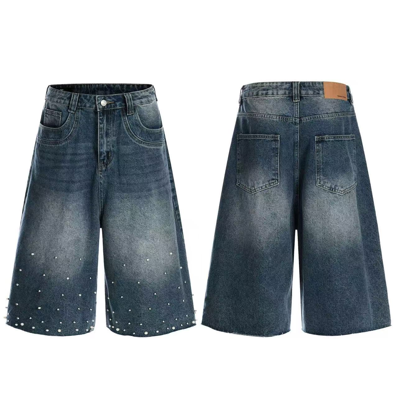 Pearl Studded Washed Wide-Leg Jorts