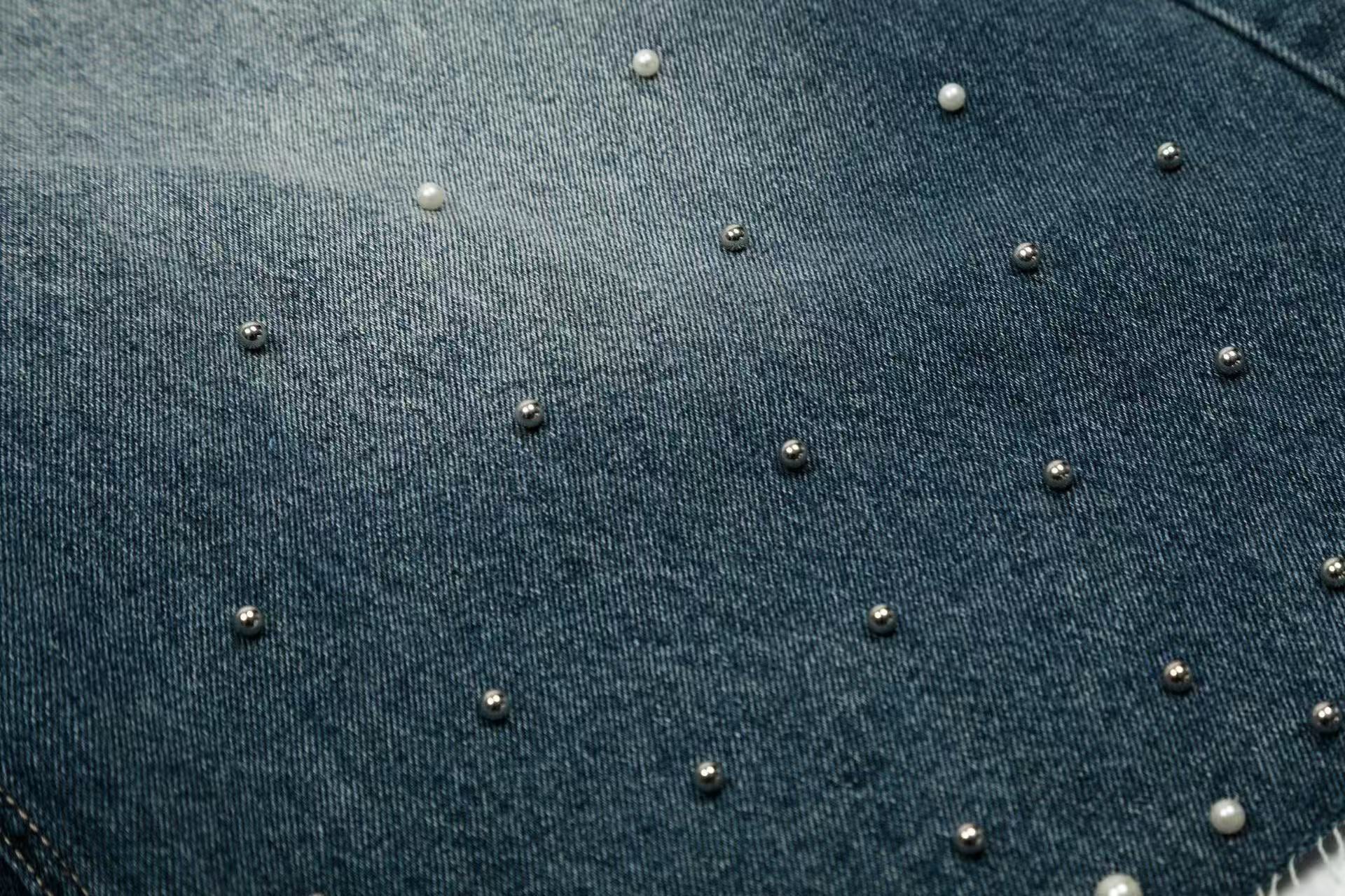 Pearl Studded Washed Wide-Leg Jorts