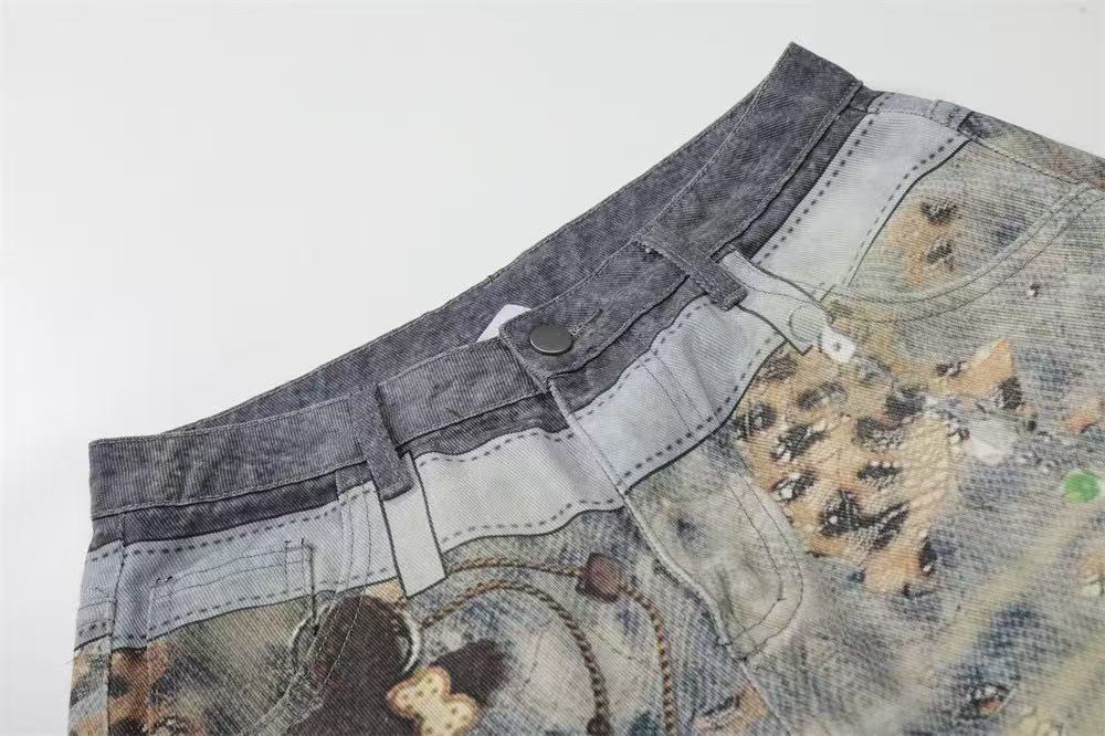 Acid Washed Leopard Graphic Wide-Leg Jorts