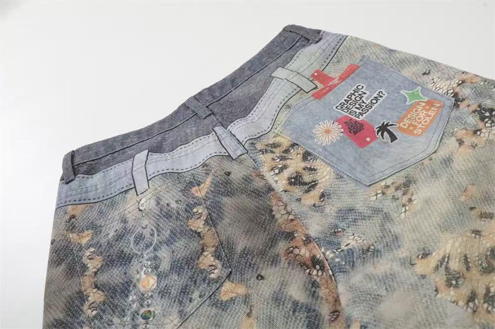 Acid Washed Leopard Graphic Wide-Leg Jorts