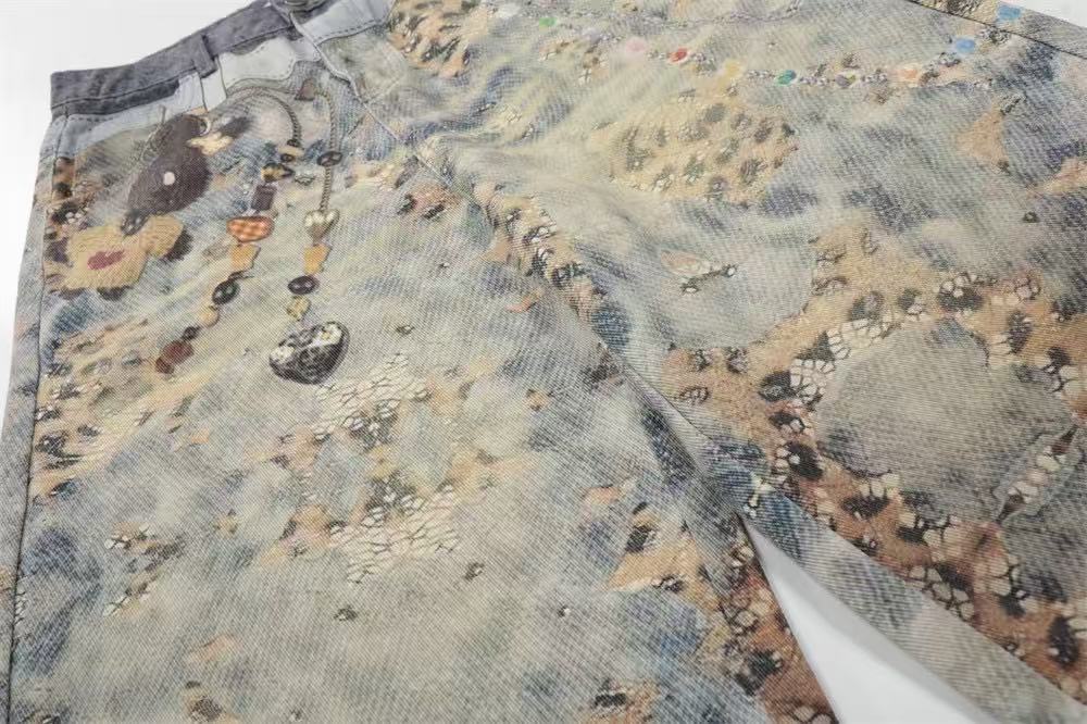 Acid Washed Leopard Graphic Wide-Leg Jorts