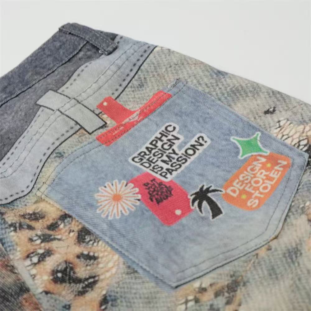 Acid Washed Leopard Graphic Wide-Leg Jorts