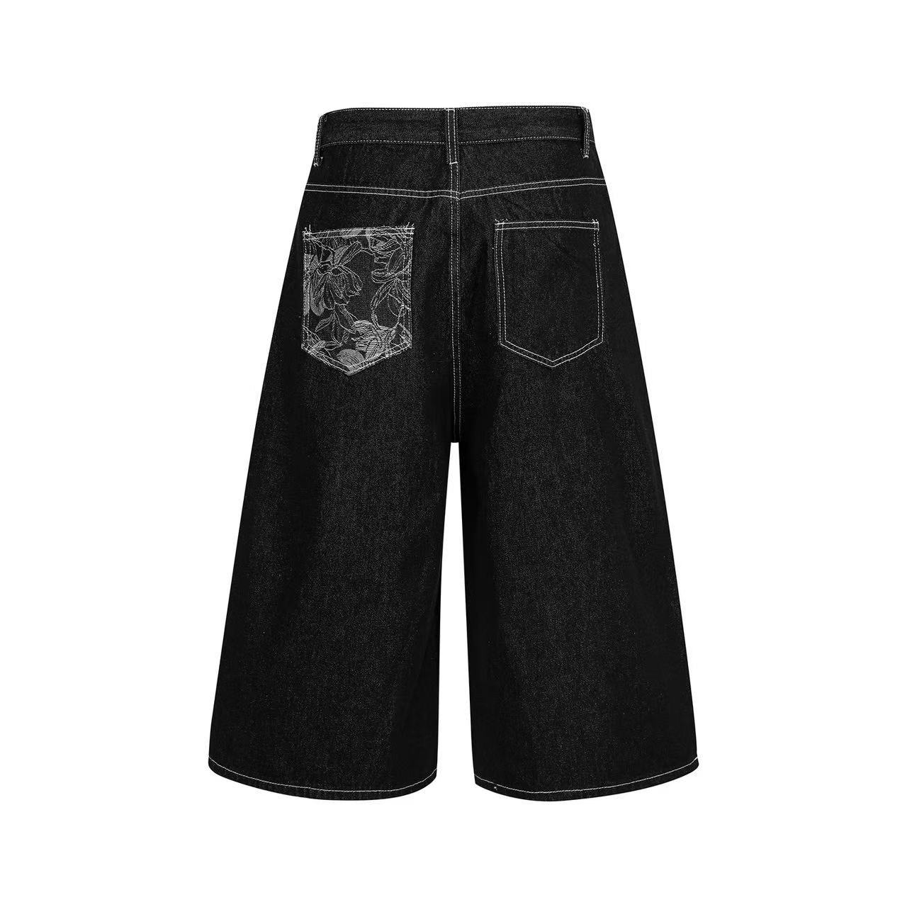 Floral Embroidered Wide-Leg Denim Jorts