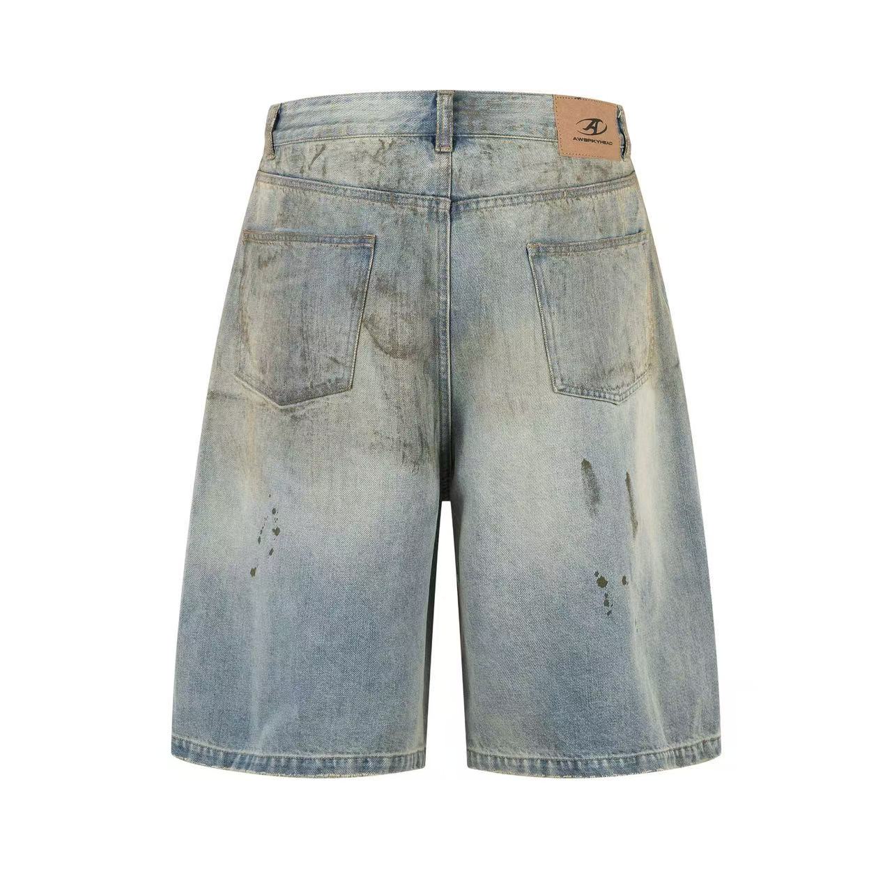 Distressed Washed Splash Wide Leg Jorts