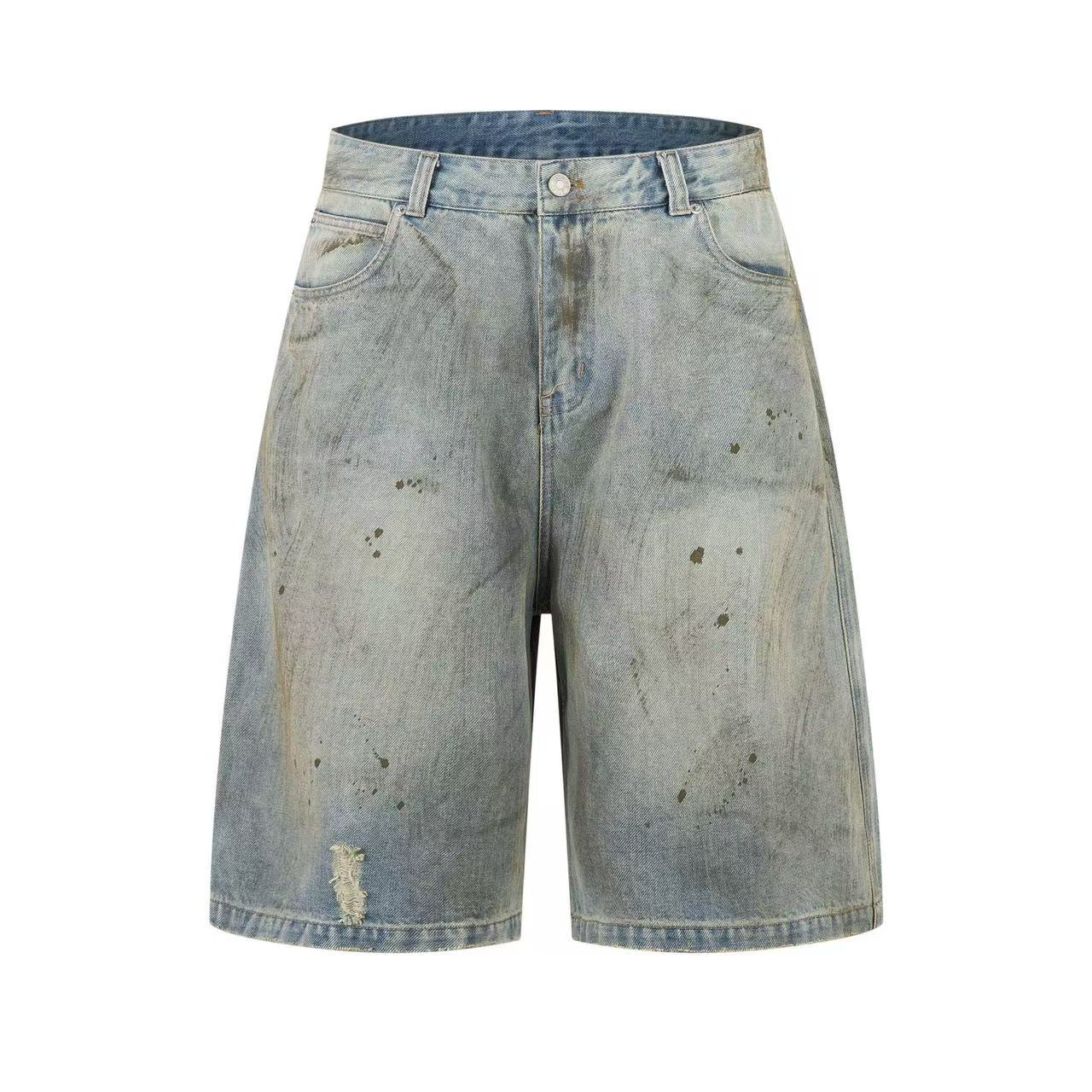 Distressed Washed Splash Wide Leg Jorts