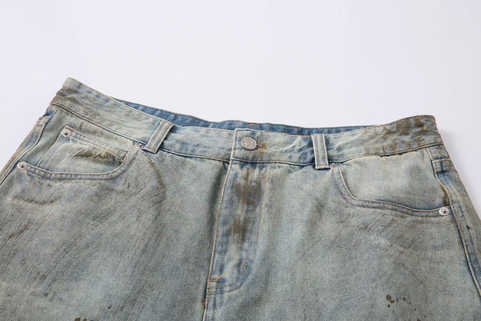 Distressed Washed Splash Wide Leg Jorts