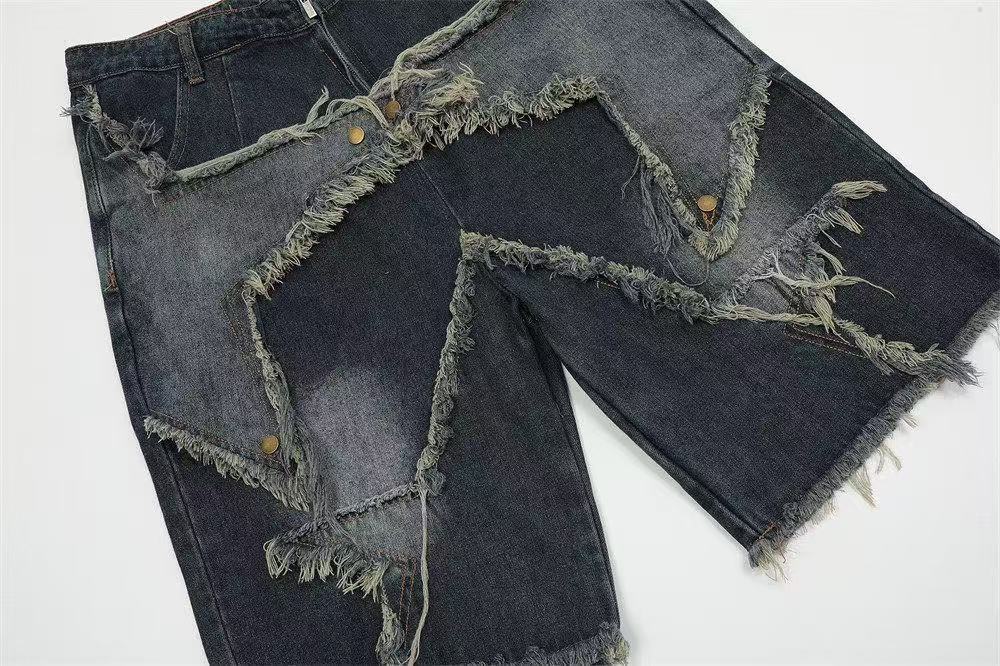 Star Patch Distressed Wide-Leg Denim Jorts