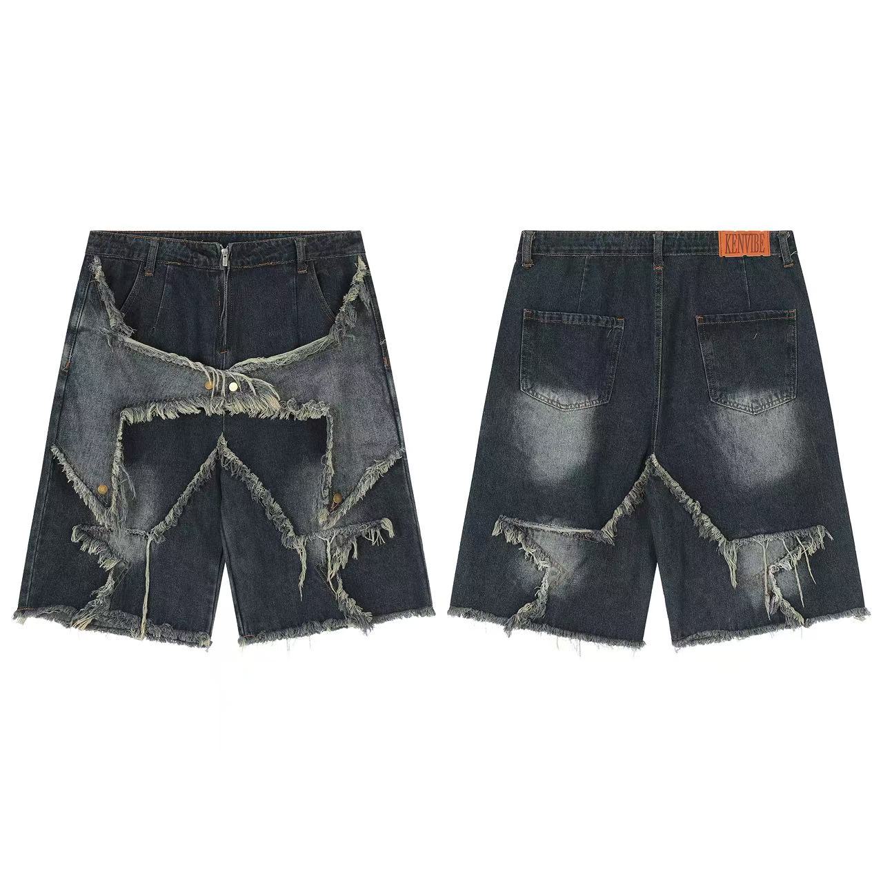 Star Patch Distressed Wide-Leg Denim Jorts