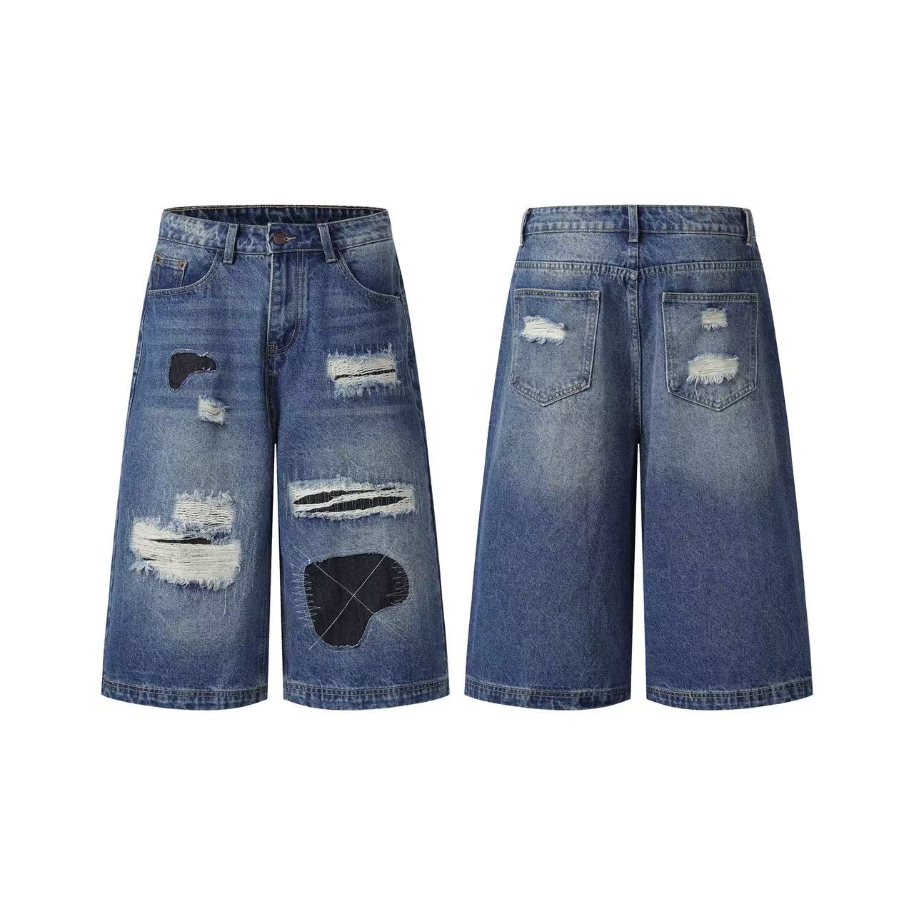 Distressed Vintage Patchwork Wide-Leg Jorts