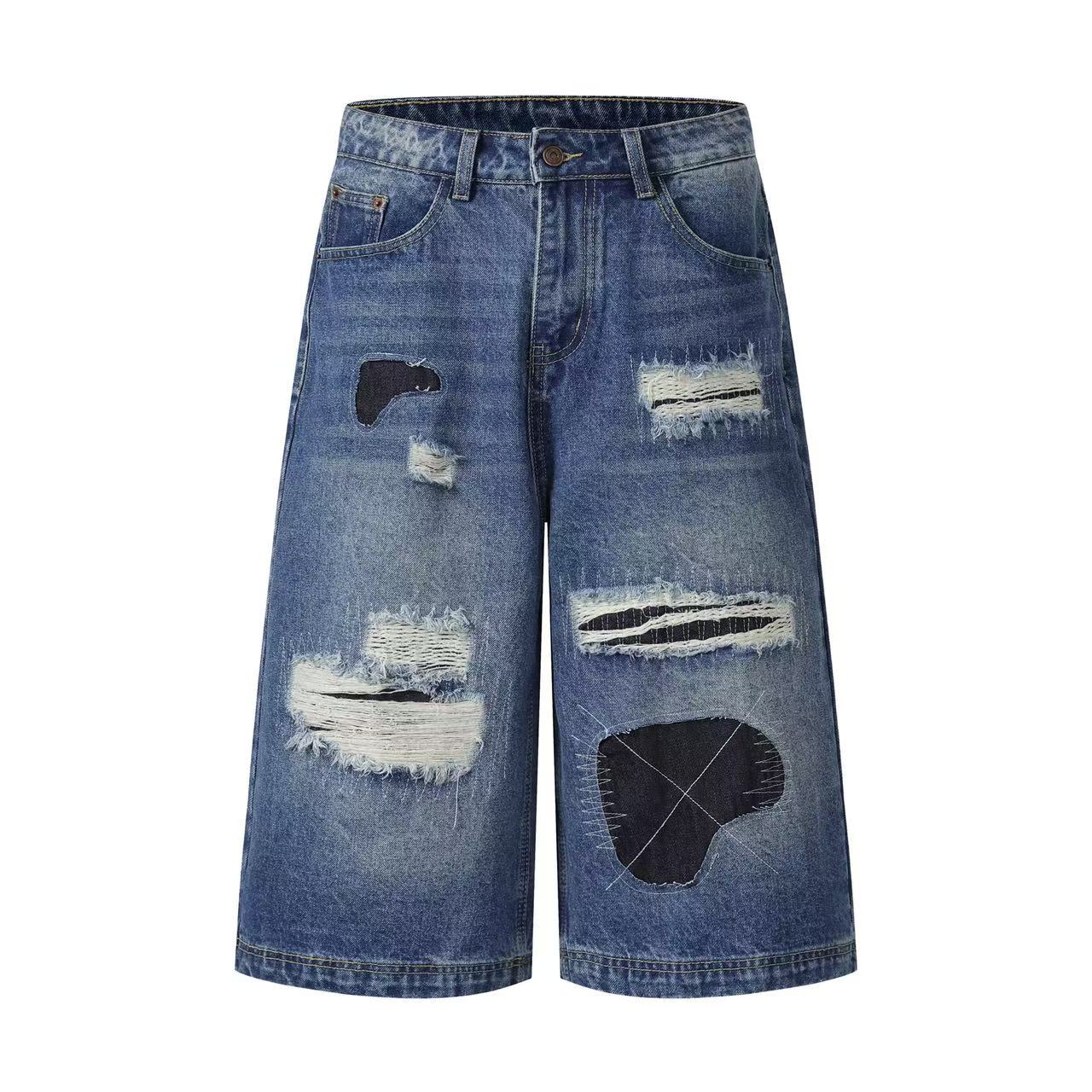 Distressed Vintage Patchwork Wide-Leg Jorts