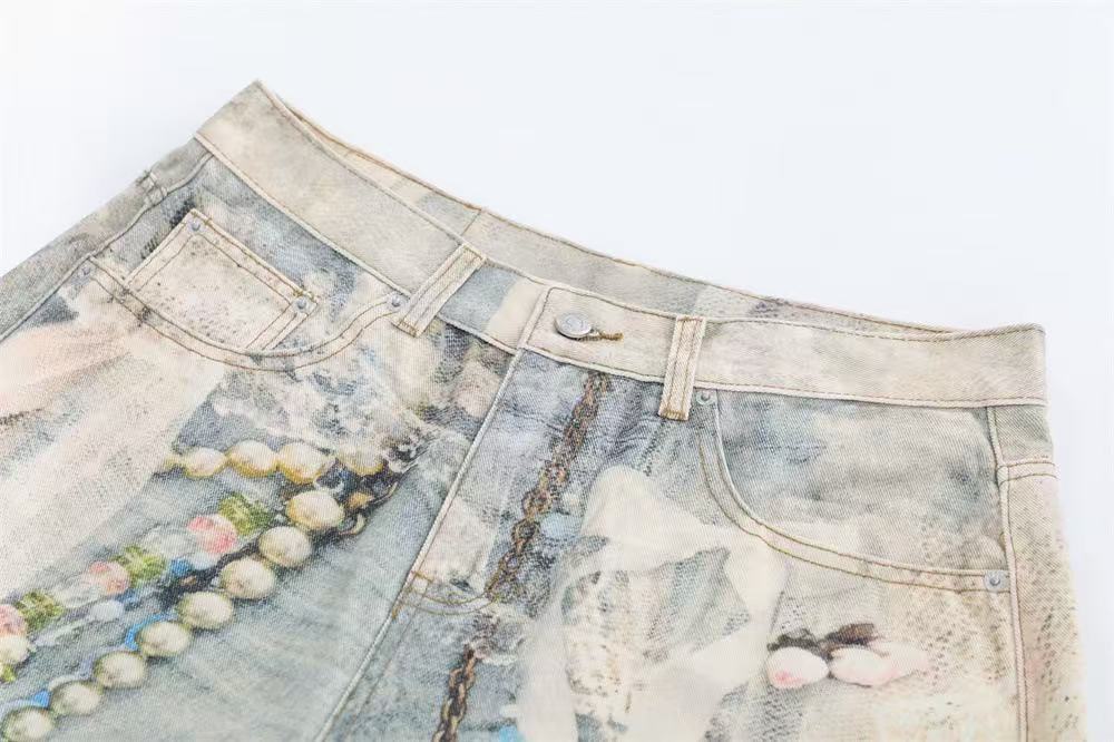 Street-Style 3D-Print Graffiti Wide-Leg Jorts