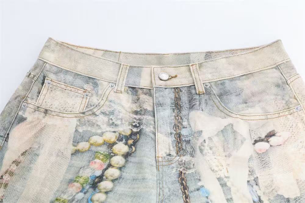 Street-Style 3D-Print Graffiti Wide-Leg Jorts
