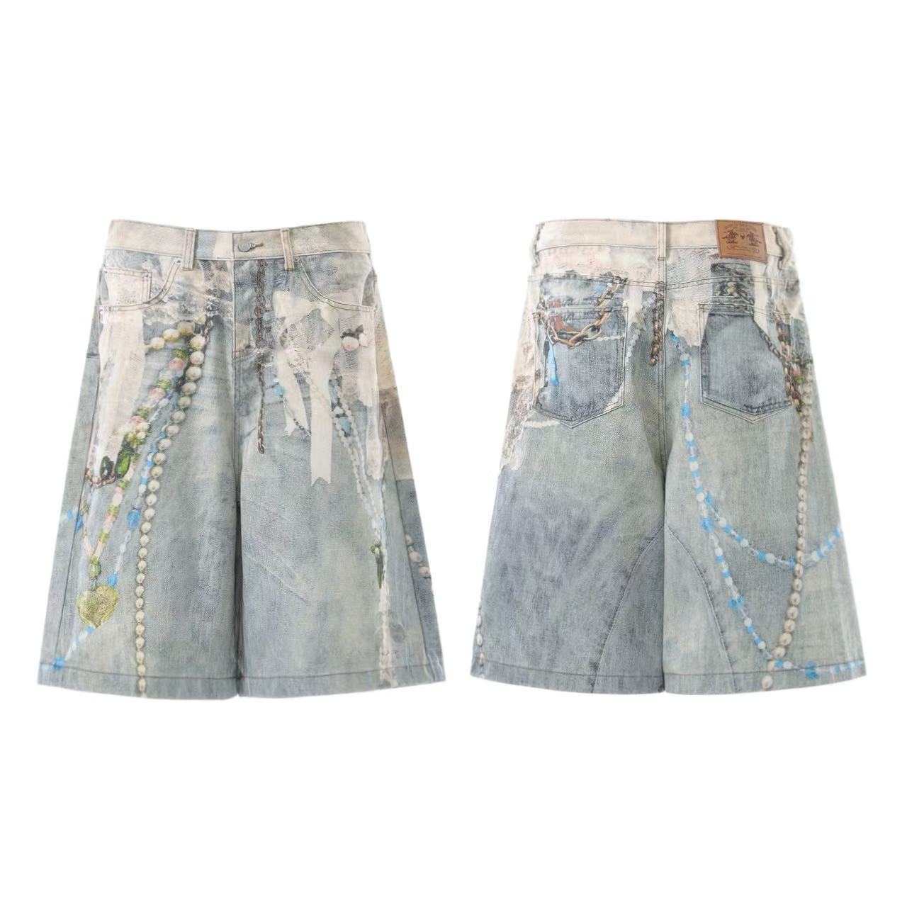 Street-Style 3D-Print Graffiti Wide-Leg Jorts