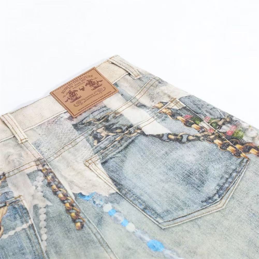 Street-Style 3D-Print Graffiti Wide-Leg Jorts