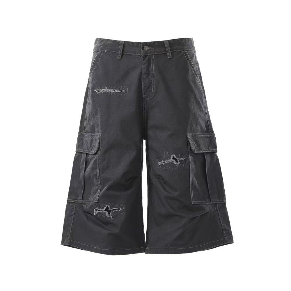 Distressed Vintage Wide-Leg Cargo Jorts
