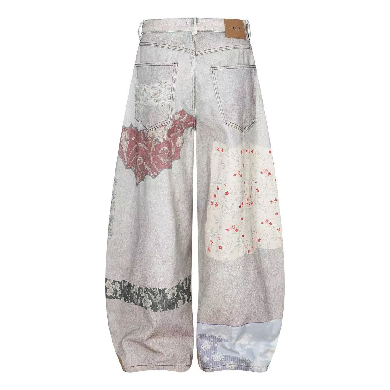 Vintage Patchwork Print Baggy Jeans
