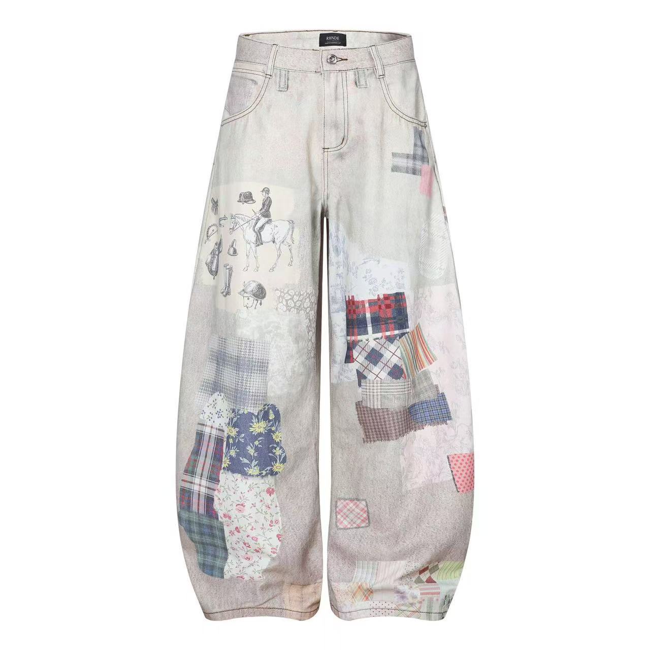 Vintage Patchwork Print Baggy Jeans
