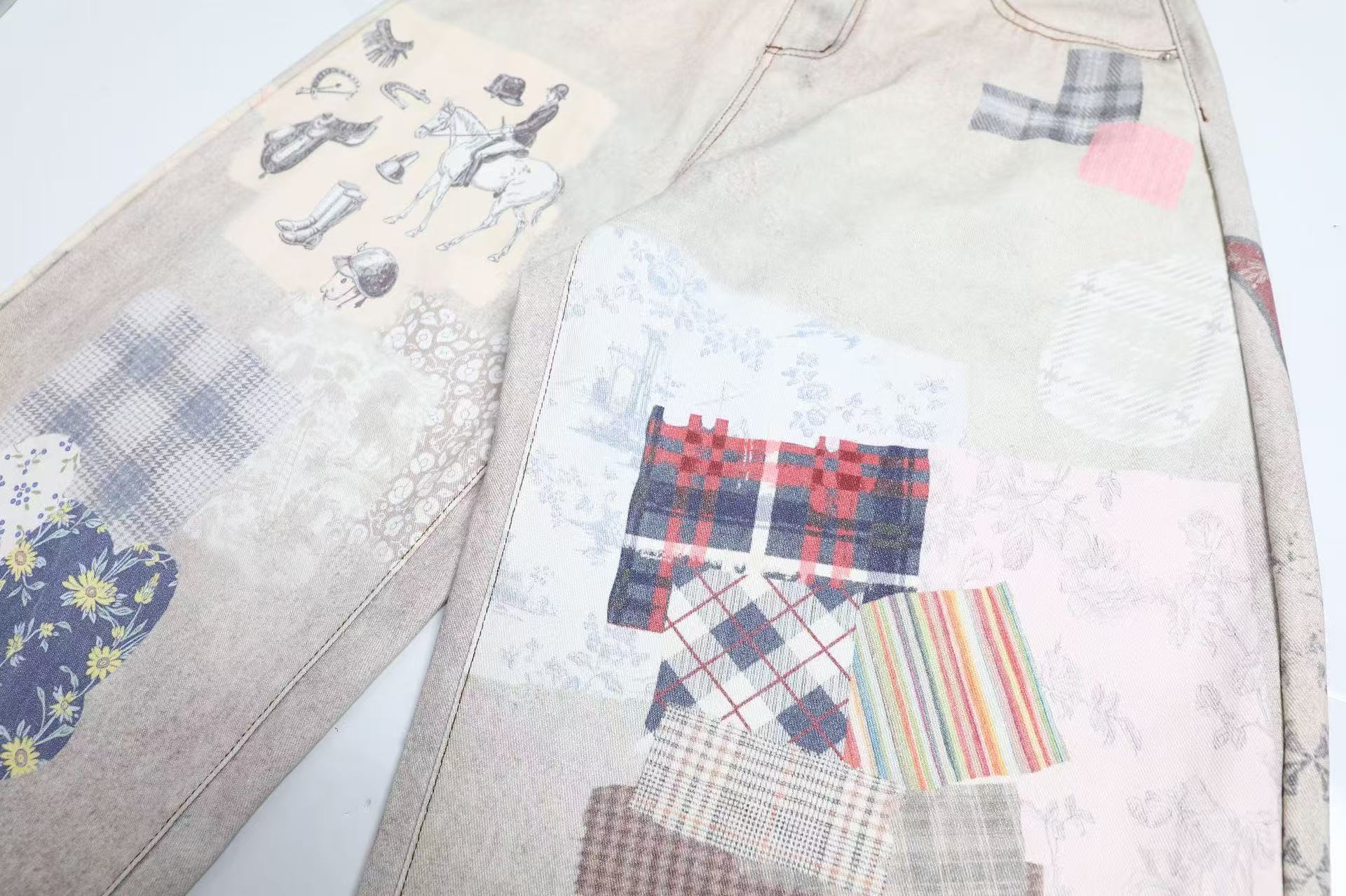 Vintage Patchwork Print Baggy Jeans