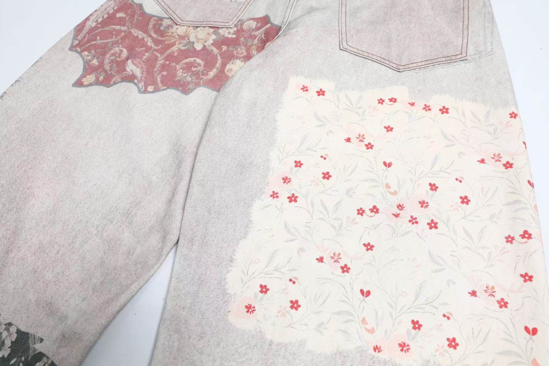 Vintage Patchwork Print Baggy Jeans