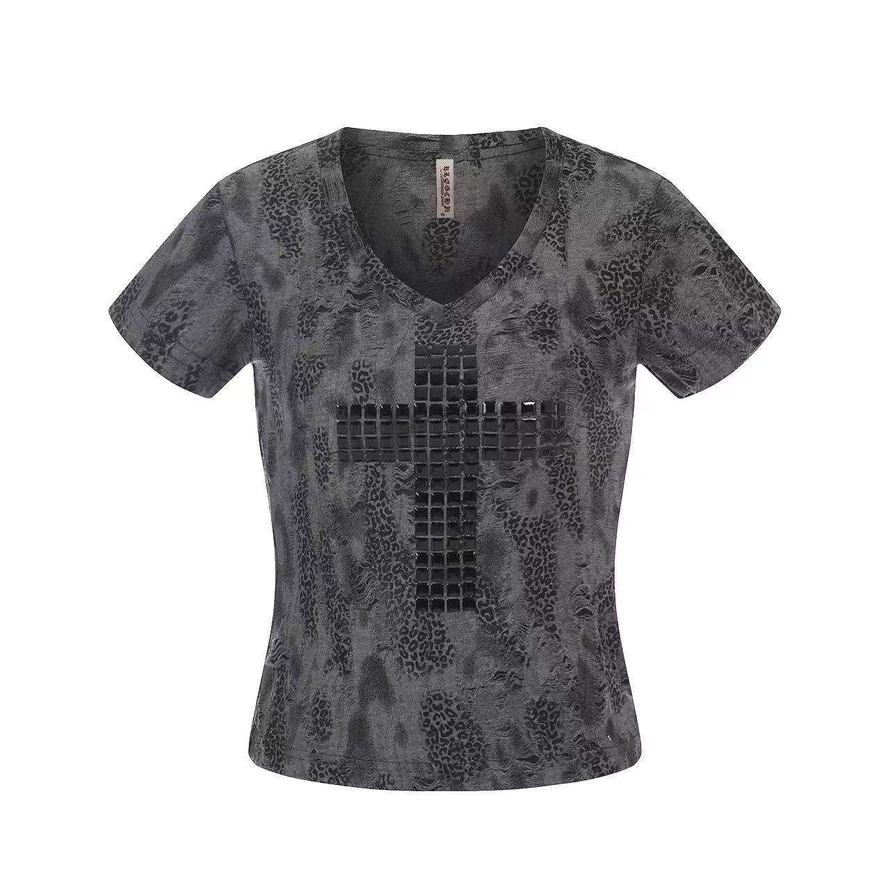 Y2K Grunge Leopard Print V-Neck Baby Tee