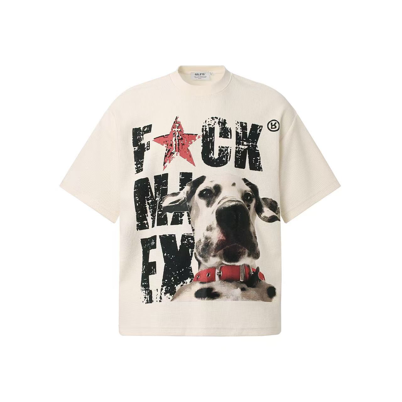 Streetwear Waffle Knit Slogan & Dog Print T-Shirt