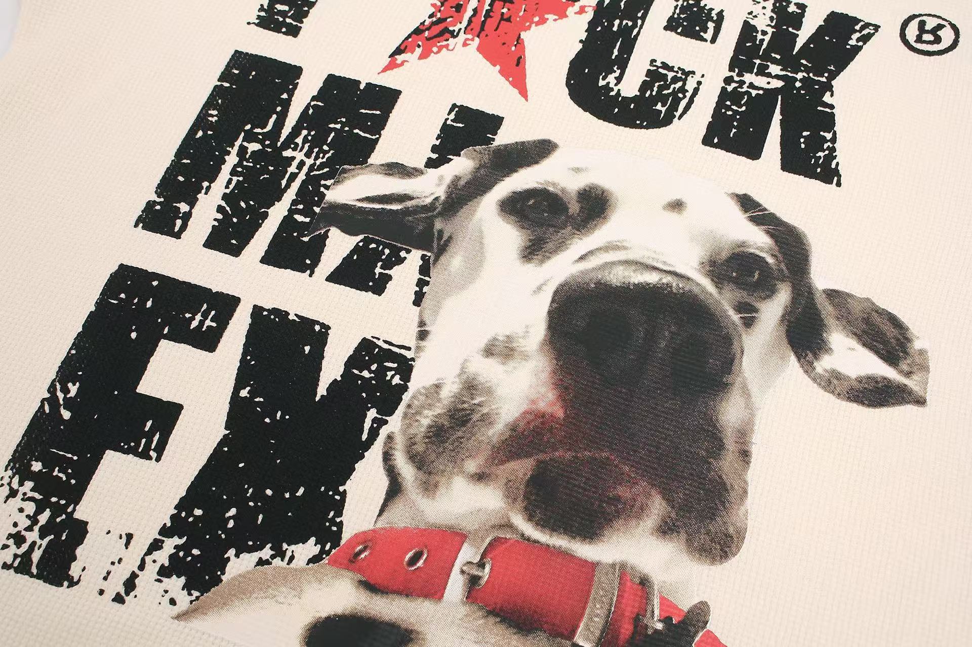 Streetwear Waffle Knit Slogan & Dog Print T-Shirt