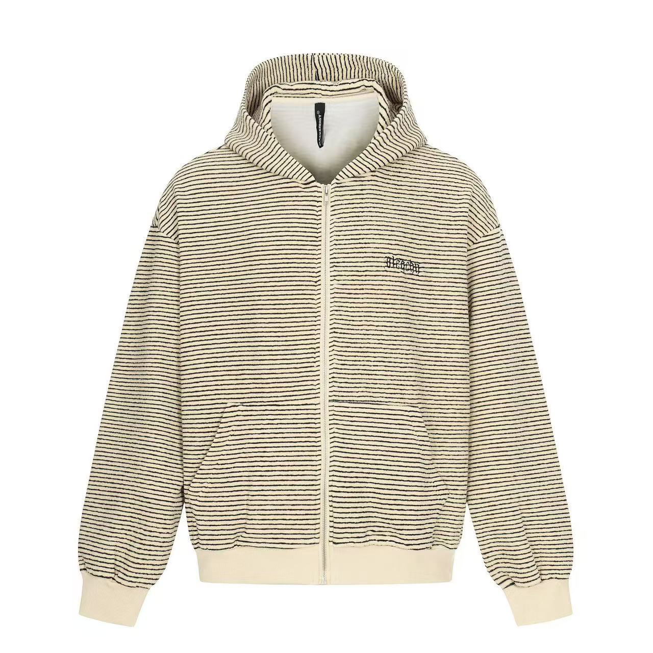 Studded Bear Ear Striped Zip-Up Hoodie