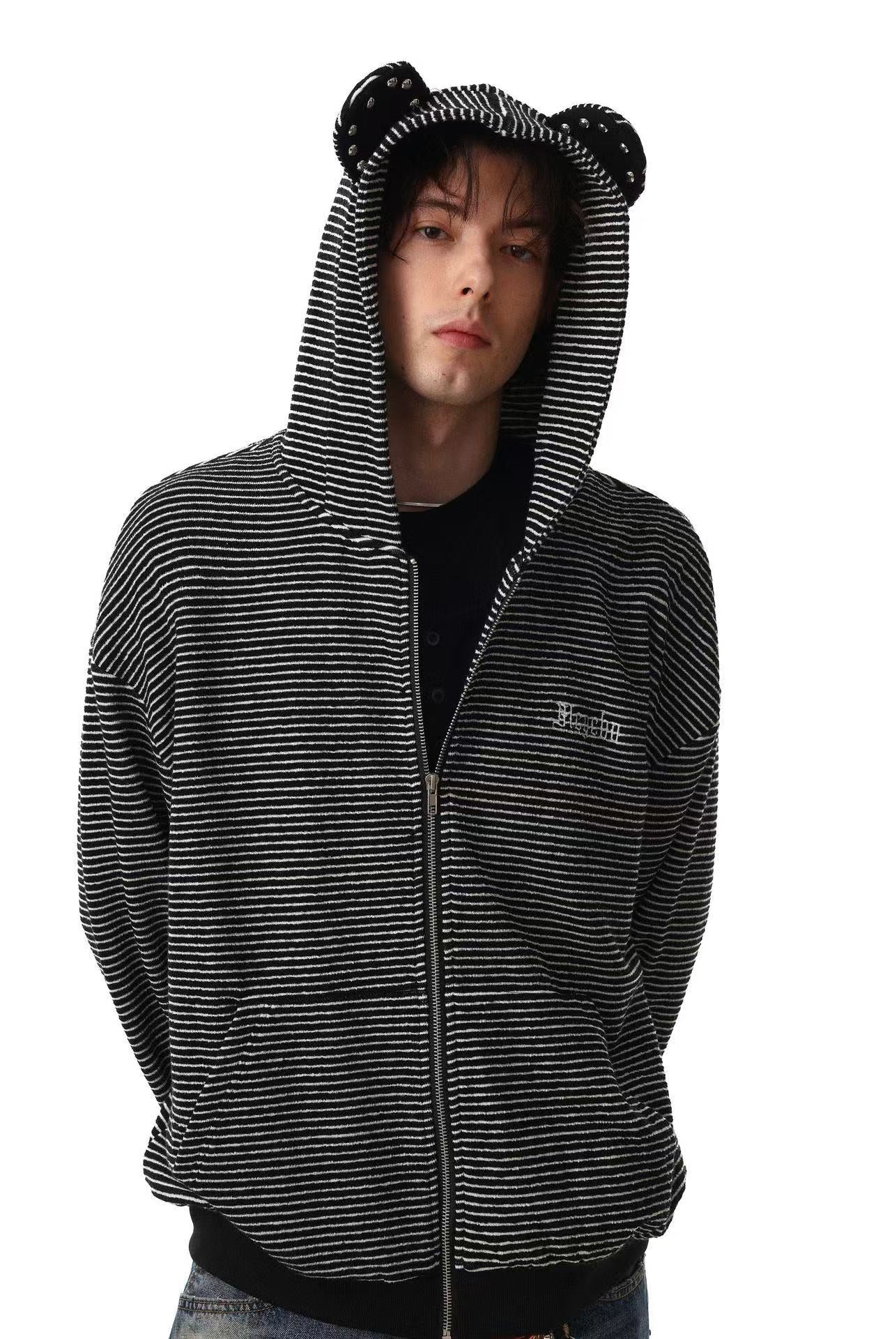 Studded Bear Ear Striped Zip-Up Hoodie
