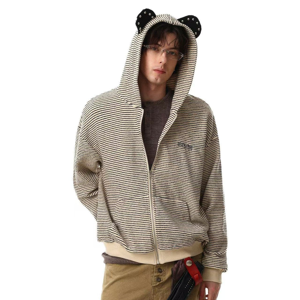 Studded Bear Ear Striped Zip-Up Hoodie