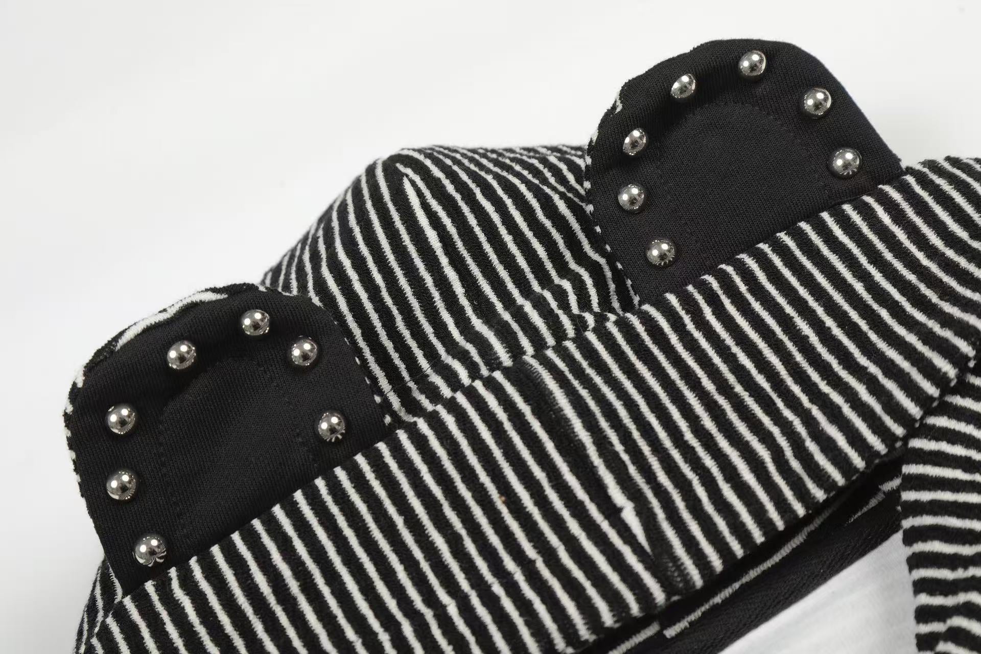 Studded Bear Ear Striped Zip-Up Hoodie