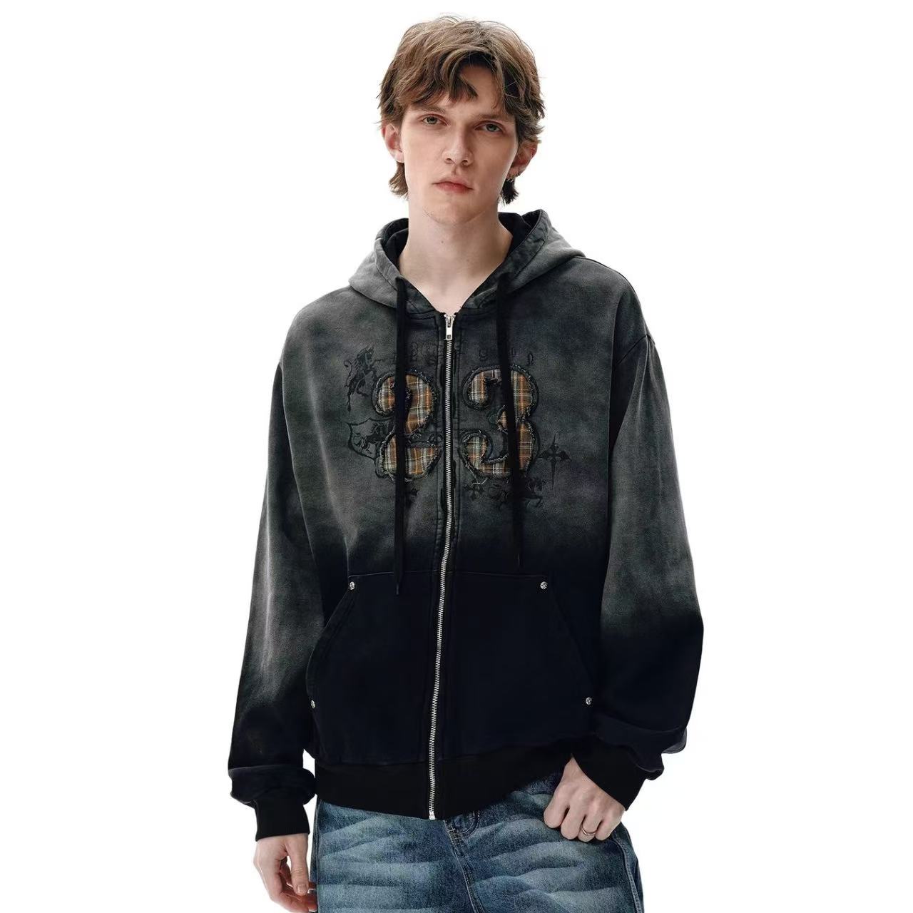 Wash Gradient 23 Plaid Patch Zip-Up Hoodie