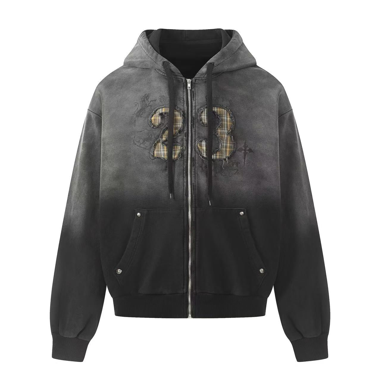 Wash Gradient 23 Plaid Patch Zip-Up Hoodie