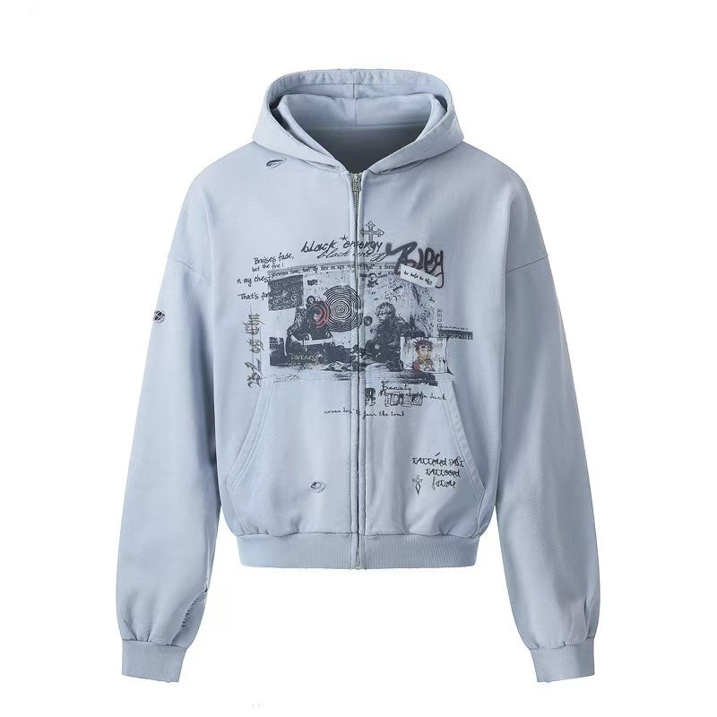 Vintage Wash Graffiti Print Zip-Up Hoodie