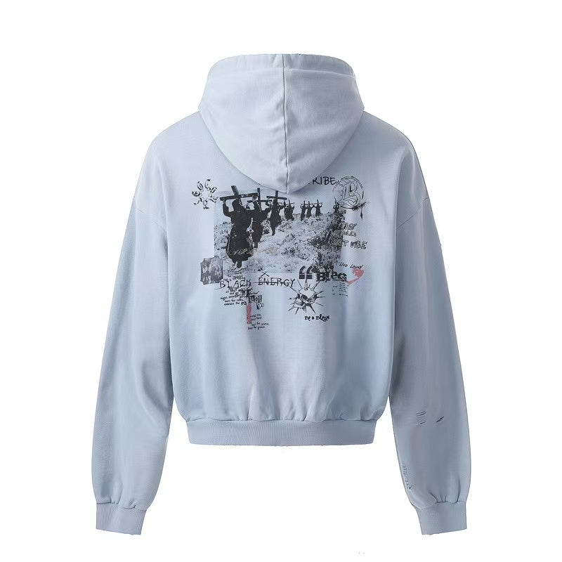 Vintage Wash Graffiti Print Zip-Up Hoodie