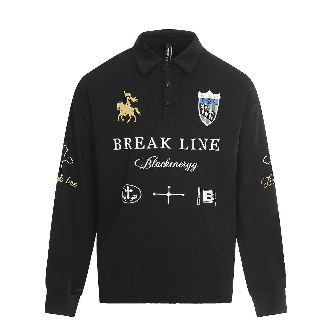 Streetwear Heraldic Crest Print Long Sleeve Polo Shirt