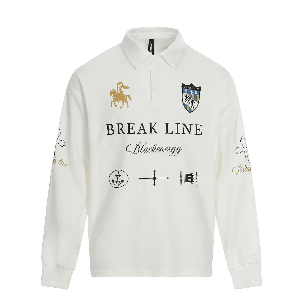 Streetwear Heraldic Crest Print Long Sleeve Polo Shirt