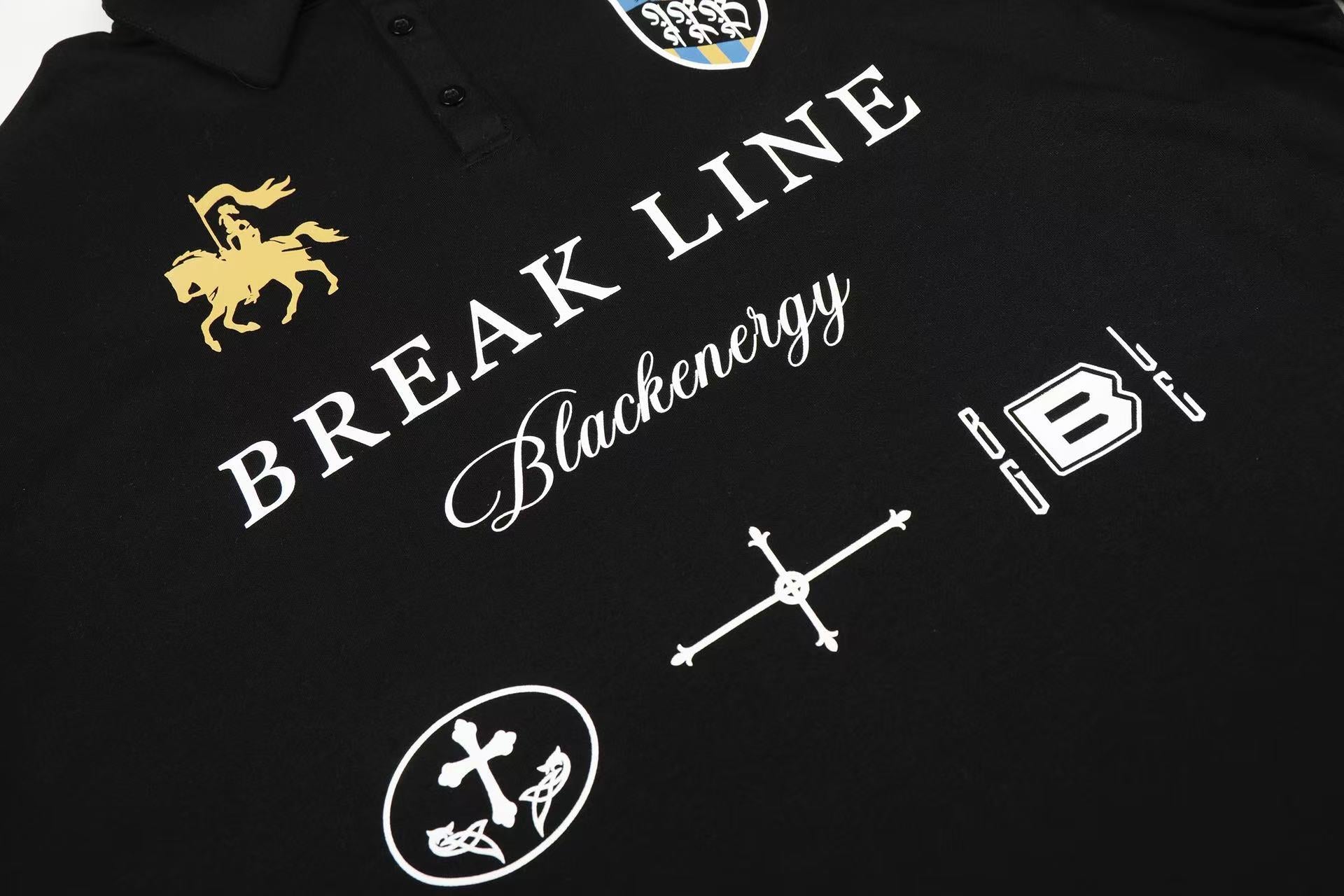 Streetwear Heraldic Crest Print Long Sleeve Polo Shirt