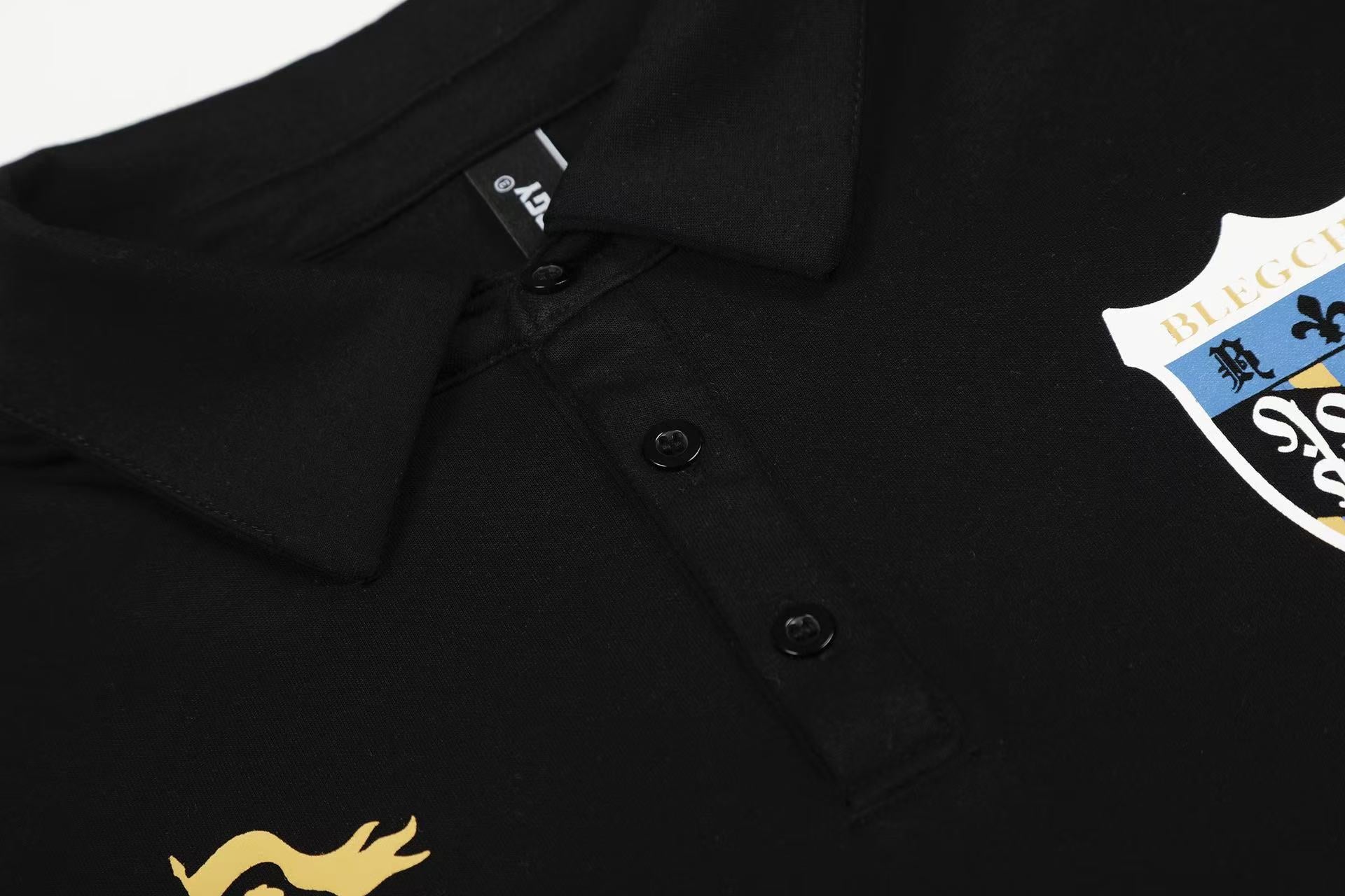 Streetwear Heraldic Crest Print Long Sleeve Polo Shirt
